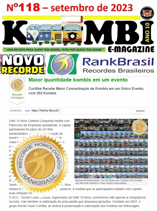 Recorde Brasileiro - KOMBI magazine NÂº118 -  setembro de 2023 - ANO 10